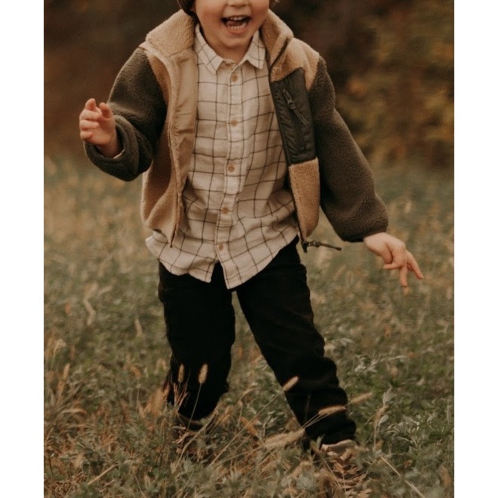 HM Kids Teddy Fleece Jacket 2T Tan Olive Green Colorblock Zip Up Sherpa Coat